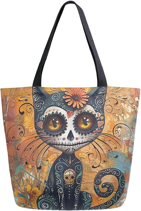 Fashion Pattern Extra Large Shoulder Grocery Tote Bag, Sugar Cat Skull Day Of Dead Canvas Daily Handle Bag for Gym Weekender Beach Travel Kitchen Reusable Market Shopping - canvas sugar skull tote bag