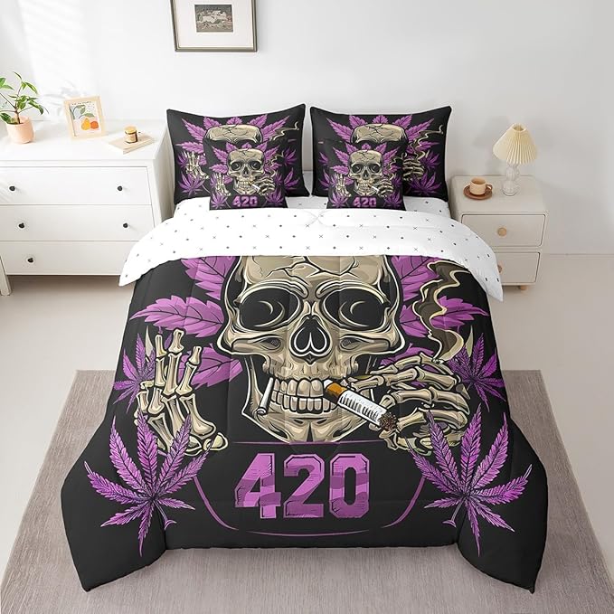 Erosebridal Twin Cannabis Leaves Comforter Set with Sheets - 7 Pieces Sugar Skull Bedding Sets, Marijuana Leaves Weed Bed in A Bag with Comforter, Sheets, Pillowcase, Purple Black - sugar skull bedding set