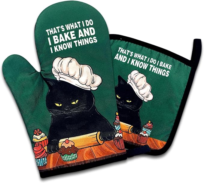 That's What I Do I Bake and I Know Things Funny Silicone Non-Slip Oven Mitts and Pot Holders with Hanging Loop, Cat Kitchen Gift for Baking Enthusiasts, Chefs for Men and Women - sugar skull oven mitts