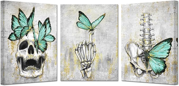 KREATIVE ARTS 3 Piece Human Skull with Butterfly Canvas Wall Art - Sugar Skull Human Skeleton Painting Pictures, Gothic Halloween Prints Artwork for Living Room Bedroom 12"x16" Each (Green) - sugar skull poster print