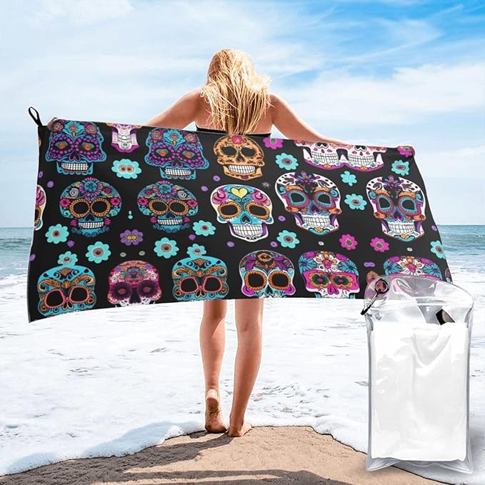 Sugar Skull High-Absorbent Microfiber Towel with Fast-Drying â€“ Perfect for Gym, Beach, Travel, and Home Use. - sugar skull beach towel
