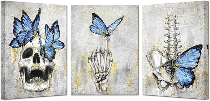 KREATIVE ARTS 3 Piece Human Skull with Butterfly Canvas Wall Art - Sugar Skull Human Skeleton Painting Pictures, Gothic Halloween Prints Artwork for Living Room Bedroom 12"x16" Each (Blue) - sugar skull poster print