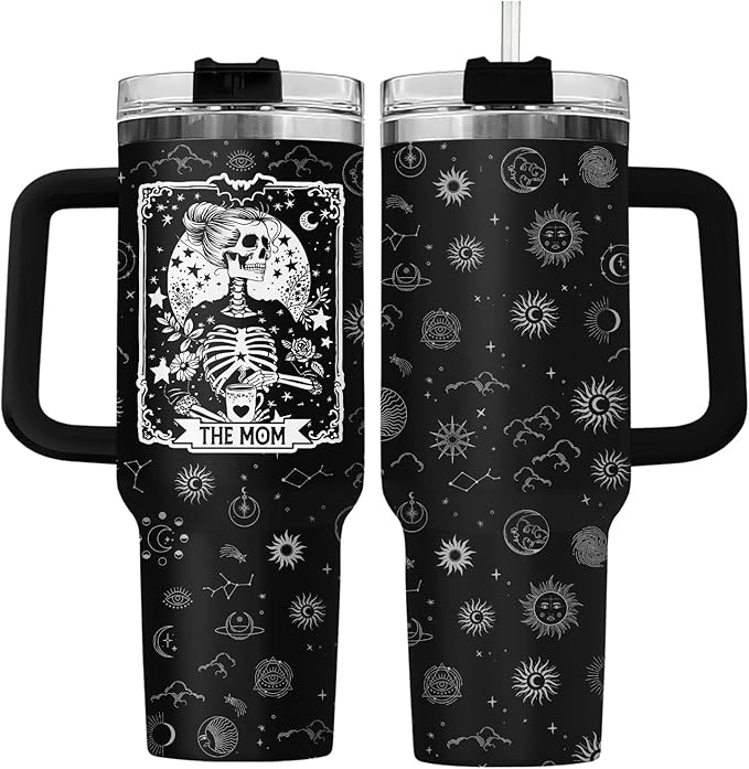 Skeleton Mom Coffee Tumbler 40oz Stainless Steel, Tarot Card Tumbler With Handle and Straw, Halloween Skull Cups, Christmas and Birthday Gifts for Women - sugar skull tumbler with straw