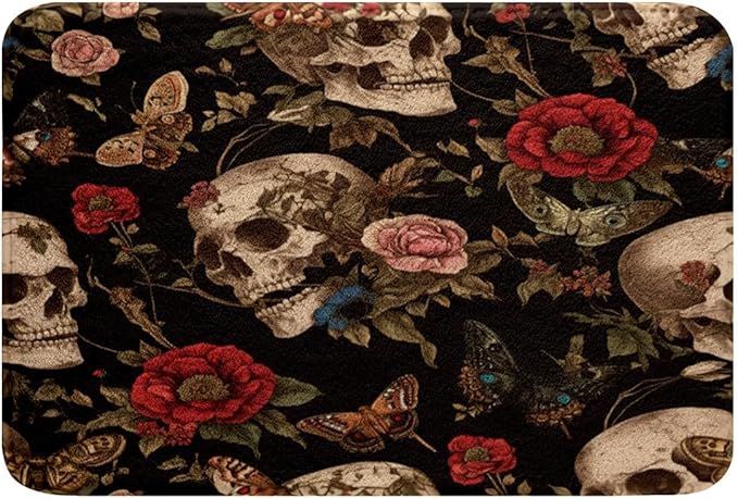 Feelyou Sugar Skull Rose Bath Rugs for Shower Tub 20"x32" Death Moth Bathroom Rugs for Boys Girls Gothic Skull Floral Flower Bath Mats for Bathroom Bathroom Accossories,Soft Shaggy Absorben - sugar skull toilet mat set