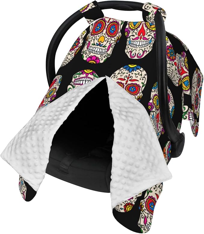 Sugar Skulls Car Seat Cover Baby Breastfeeding Cover Breathable Peekaboo Opening Car Seat Canopy Baby Carrier Covers, Newborn Boy Girl Shower Gift - sugar skull car seat covers set