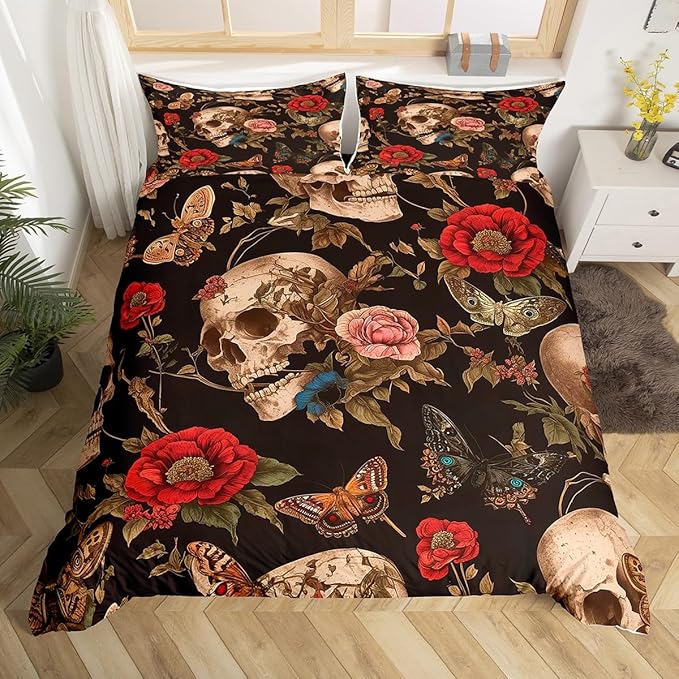 Feelyou Sugar Skull Rose Comforter Cover Set Queen Size Death Moth Bedding Set for Boys Girls Gothic Skull Floral Flower Bedding Duvet Cover Set Bedspread Cover,No Stuffing - sugar skull bedding set