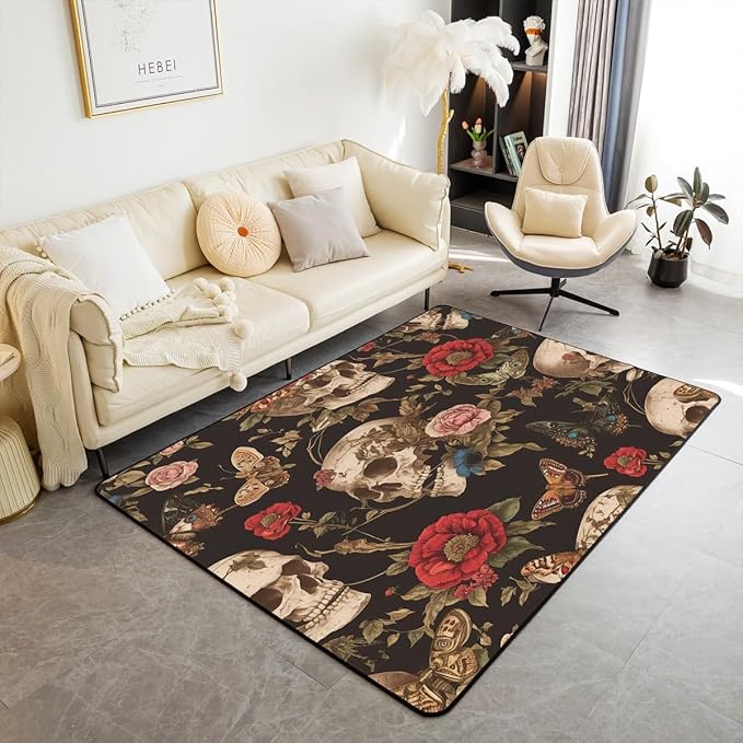 Feelyou Sugar Skull Rose Area Rug 5x7 Death Moth Living Room Rugs Gothic Skull Floral Flower Decorative Carpet Indoor Floor Mat Accent Rug - sugar skull area rug