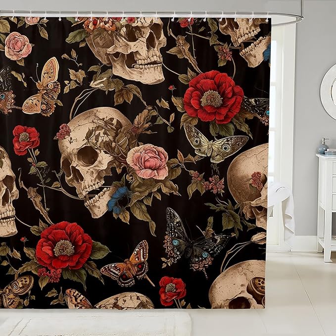 Feelyou Sugar Skull Rose Bathroom Shower Curtain Set 72"x84" Death Moth Shower Curtain Gothic Skull Floral Flower Bath Curtain Kids Bathroom Accessories - sugar skull shower curtain set