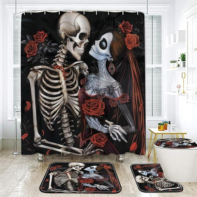 Halloween Shower Curtain and Rugs Bathroom Sets, 4 Pcs Red Rose Skull Couple with Sugar Kiss Flower Bath Decor,Black Waterproof Tub Curtains Mats/U-Shape Rug Toilet Cover Hooks (Y6) - sugar skull shower curtain set