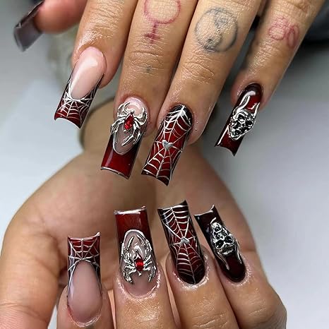 BABALAL Press On Nails - Metal Spider & Skull Charm Design Halloween Long Square Dark Black Natalys 24Pcs Luxury Goth Acrylic False Squoval Nails Glue On - sugar skull nail art