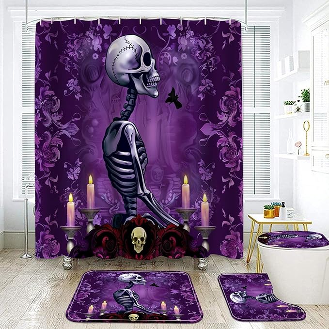 Halloween Shower Curtain and Rugs Bathroom Sets, 4 Pcs Red Rose Skull Couple with Sugar Kiss Flower Bath Decor,Black Waterproof Tub Curtains Mats/U-Shape Rug Toilet Cover Hooks (Purple) - sugar skull area rug