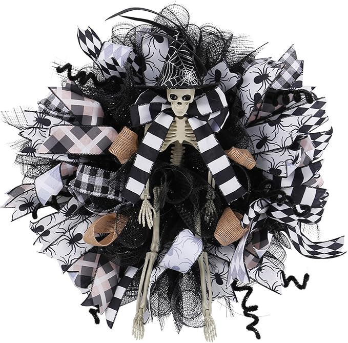 JUOPZKENN Witch Skull Mesh Wreath, Halloween Wreath Halloween Wreaths for Front Door Halloween Decorative Ribbon Wreath Indoor Outdoor Halloween Party Decor, default, Defult - sugar skull wreath for front door