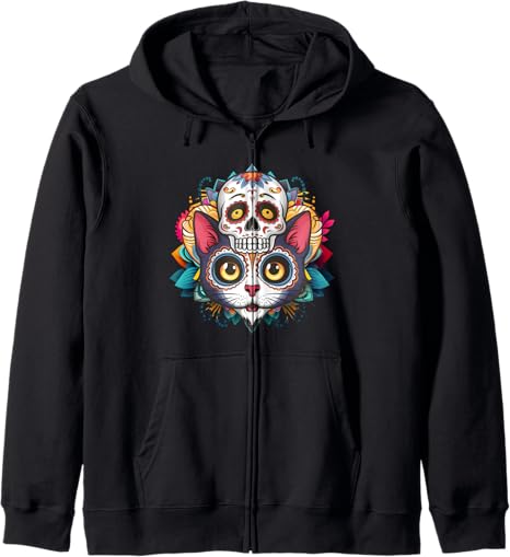 Cute Cat Sugar Skull Mexican Dia De Los Muertos - sugar skull zip up hoodie mens