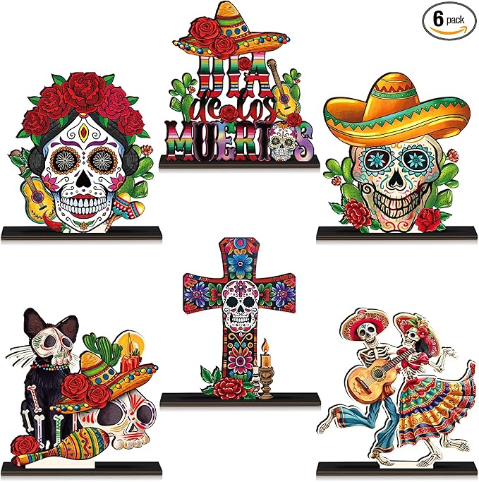 Amyhill 6 Pcs Day of The Dead Table Decorations Dia De Los Muertos Wooden Centerpiece Dancing Couple Sugar Skull Wooden Sign Day of The Dead Mexican for Fiesta Carnival Halloween Tiered Tray - sugar skull figurine collectible