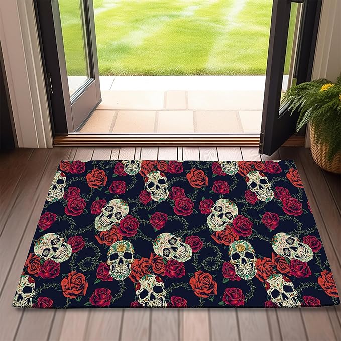 Halloween Sugar Skulls Welcome Door Mat,Vintage Roses Doormat for Outside Entrance Home Decor,Non-Slip Carpet Rugs with Felt Entryway Mat for Patio Indoor Front 17" x 30" - sugar skull area rug