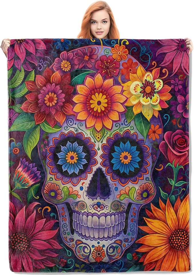 Sugar Skull Blanket, 50"x60" Halloween Skull Flannel Fleece Throw for Kids & Adults, Ultra-Soft and Warm Home Decor Blanket, Skull Gifts - sugar skull throw blanket