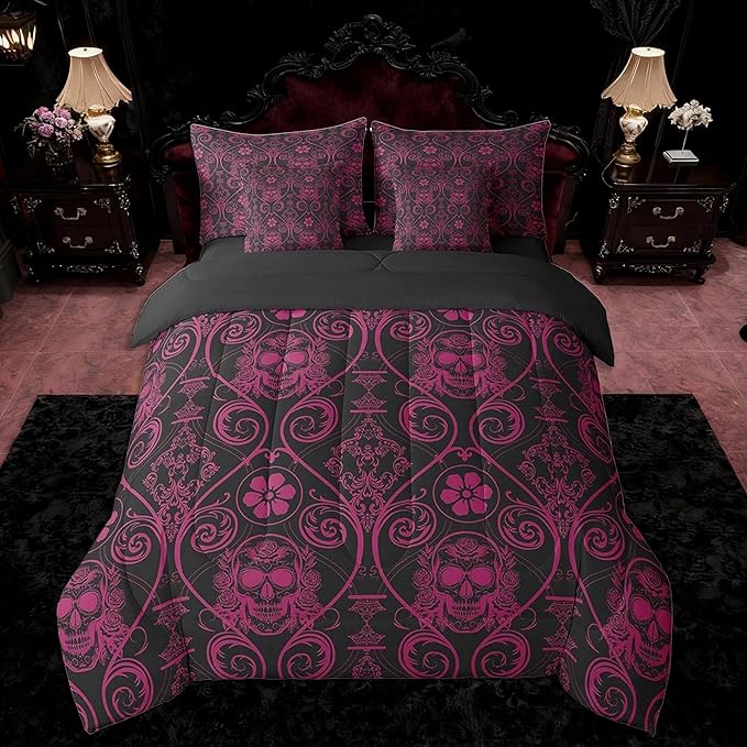 Feelyou Adults Pink Vintage Damask Floral Bedding Set Oriental Antique Comforter Set 7 Pieces Comforters Full Size Exotic Sugar Skull RoseGothic Bohemia Boho Bed in a Bag - sugar skull bedding set