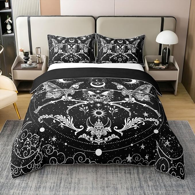 Feelyou Sugar Skull Bedding Set Gothic Skull Comforter Cover Set Twin Size Halloween Themed 100% Cotton Duvet Cover Bedroom Decor Boho Death Moth Bedspread Cover Bedding Collection 2Pcs (No Comforter) - sugar skull bedding set