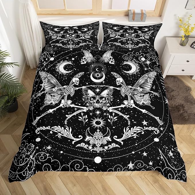 Feelyou Sugar Skull Bedding Set for Kids Gothic Skull Comforter Cover Set Queen Size Halloween Themed Duvet Cover Bedroom Decor Boho Death Moth Bedspread Cover Bedding Collection 3Pcs (No Comforter) - sugar skull bedding set