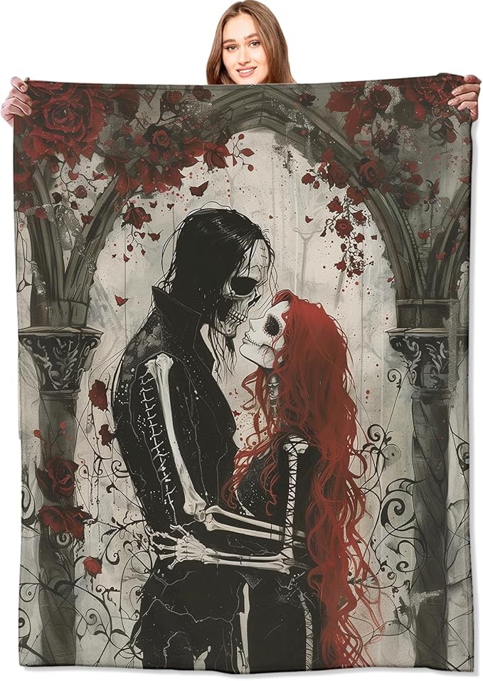 Gothic Romance Skull Lovers Blanket,Red Rose Skeleton Throw Blankets,Gifts for Women Men, Lightweight Soft Fleece Cozy,for Sofa Couch Bed Room Travel,Festival Halloween Goth Decor,50x60in - sugar skull throw blanket