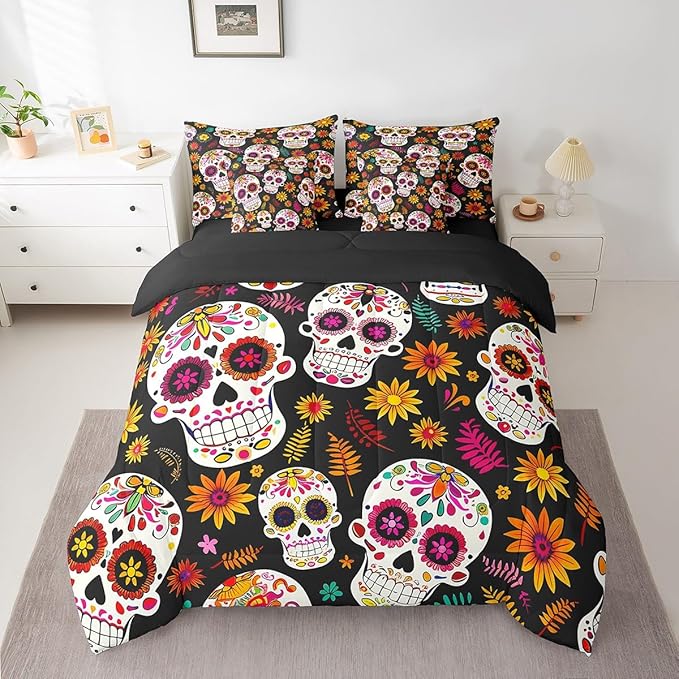 Feelyou Sugar Skull Bed in a Bag Girls Boys Halloween Comforter Set Queen Size 7 Pieces Sugar Skull Bedding Set Boho Floral Bed Set with Comforter, Sheet Set, Pillowcases, Pillow Covers Bohemian - sugar skull bedding set
