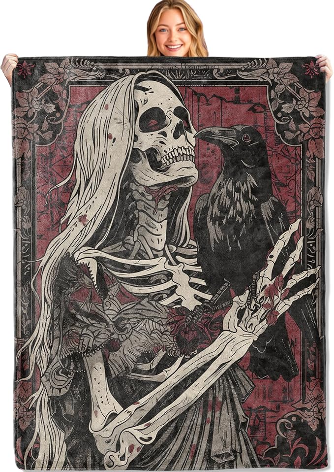 Gothic Skull Throw Blanket,50x60in,Soft,Lightweight Flannel,Skeleton and Raven Vintage Dark Blankets - Gifts for Adult,for Couch Office Travel,Home Living Room Halloween Goth Decor - sugar skull throw blanket
