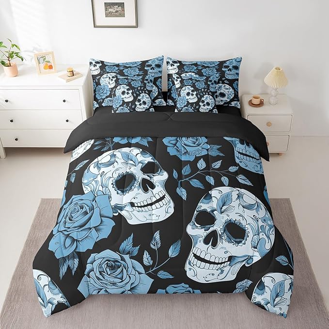 Feelyou Women Rose Skull Bed in a Bag Blue Sugar Skull Comforter Set King Size 7 Pieces for Girls Adults Chic Skeleton Bedding Set Floral Bed Set with Comforter, Sheet Set, Pillowcases, Pillow Covers - sugar skull bedding set