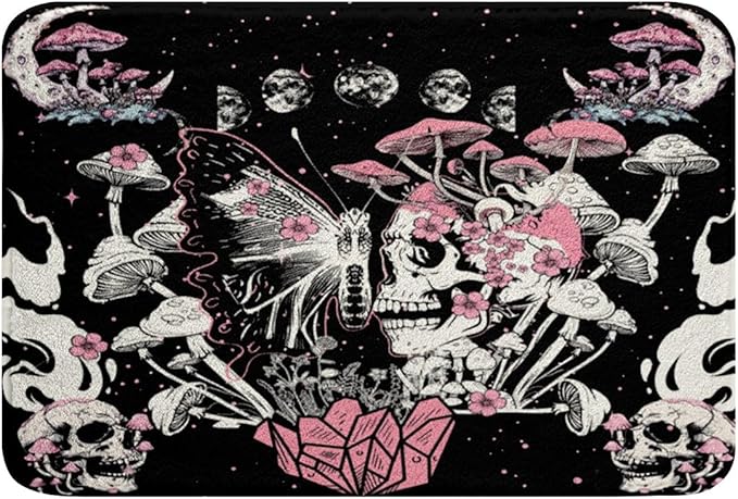 Feelyou Sugar Skull Bathroom Rugs for Girls Boys Kids 20"x32" Halloween Themed Bath Rugs for Shower Tubative Pink Death Moth Bath Mats for Bathroom Boho Mushroom Bathroom Accossories - sugar skull toilet mat set