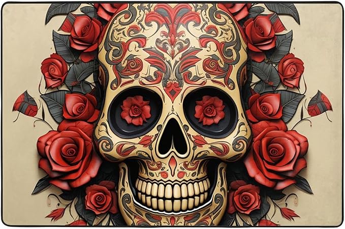 Area Rugs for Living Room Red Rose Sugar Skull Carpet Vintage Living Room Rugs Washable Entryway Rug Non Slip Bedroom Rug Home Decor Print Carpet for Dining Rooms Farmhouse - sugar skull area rug