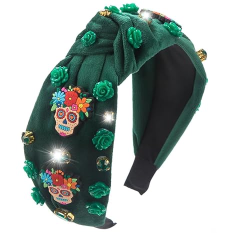 Halloween Sugar Skull Headbands for Women Day of the Dead Skull Flower Green Headband Festival Rhinestone Knotted Twist Wide Headband Hair Accessory Gifts (dead-green - sugar skull flower crown