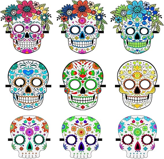 Day of the Dead Felt Masks for Adults, 9 Pack Dia de Los Muertos Skull Masks Floral Sugar Skull Mask, Adjustable Halloween Masks Dia De Los Muertos Decorations for Halloween Cosplay - sugar skull flower crown