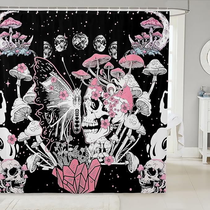 Feelyou Sugar Skull Shower Curtain for Girls Boys Kids 72"x72" Halloween Themed Bathroom Shower Curtain Setative Pink Death Moth Bath Curtain Boho Mushroom Kids Bathroom Accessories - sugar skull shower curtain set