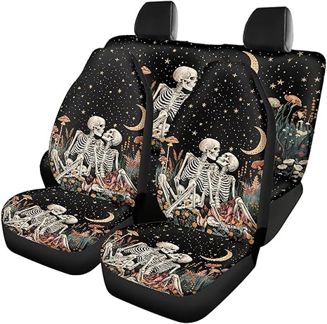 Skull Mushroom Print Car Seat Cover Full Set of 4, Moon Star Print Universal Front and Rear Bench Back Seat Cover for Cars Truck SUV, All Weather Protector, Auto Interior Accessories - sugar skull car seat covers set