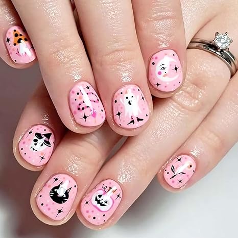 Halloween Press on Nails Extra Short Fake Nails Pink Nails Ghost Acrylic Nails Pumpkin Artificial Nails with Sugar Skull Designs Glue on Nails Polka Dots False Nails Moon Nails Press ons - sugar skull nail art