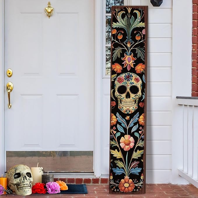 Day of the Dead Porch Sign 42 Inch Halloween Front Porch Sign Dia De Los Muertos Sugar Skull Welcome Sign Mexican Decorations for Front Door Porch Lawn Garden Outdoor Decor - sugar skull nail art