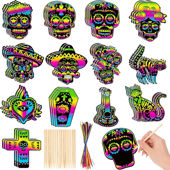 HOWAF 39 PCS Day of The Dead Scratch Cards Gift, Dia De Los Muertos Decoration Magic Sugar Skull Tombstones Scratch Paper Art Kit DIY Mexican Day of The Dead Scratch Cards for Activity Art Project - sugar skull christmas ornament
