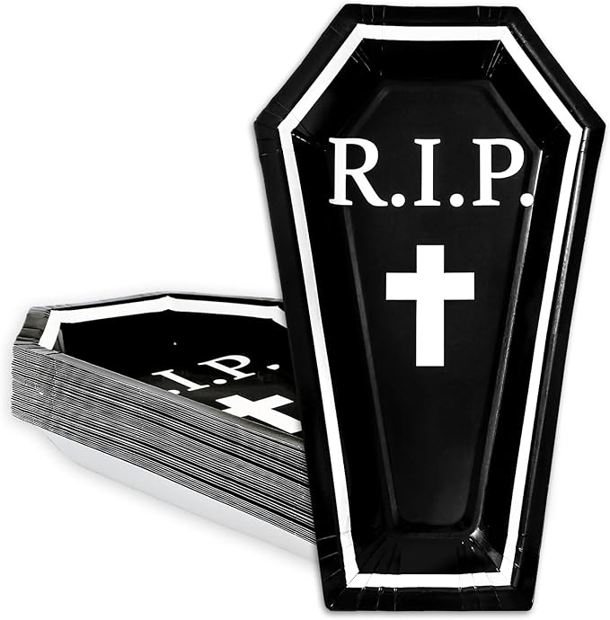 Whaline 24Pcs Halloween Paper Plate Coffin Shape RIP Disposable Plate Black White Dinnerware Plates for Party Supplies Table Decor, 9.8 x 5.9 in - sugar skull plates set