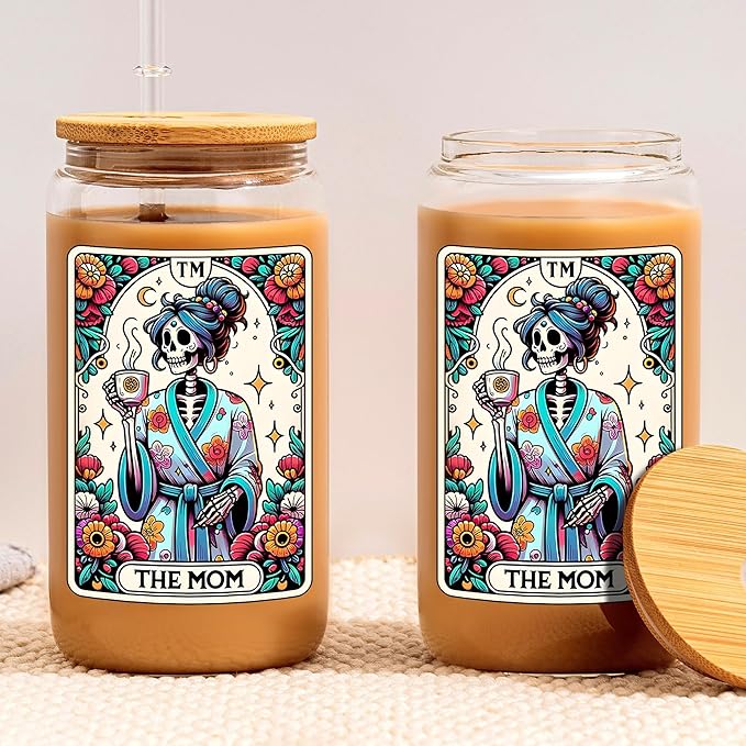 16oz The Mom Coffee Cup with Lid Straw, Halloween Skull Aesthetic Glass Can, Sarcastic Skeleton Glass Cup, Gift Idea for Tarot Lovers Women Sister Friends Mom - sugar skull tumbler with straw