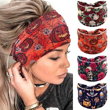 Olbye Wide Headbands Women Knotted Turban Pumpkin Headband Elastic Nonslip Hairband Bat Workout Head Wraps Yoga Skull Cosplay Hair Scarfs Halloween Hair Accessories 4Pcs (Multicolor C, One Size) - sugar skull flower crown