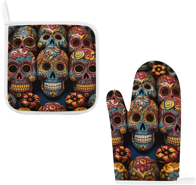 Colorful Sugar Skulls Oven Mitts and Pot Holders Sets of 2 High Heat Resistant Kitchen Oven Gloves and Hot Pads Non-Slip Oven Gloves Potholders for Baking Cooking BBQ - sugar skull oven mitts