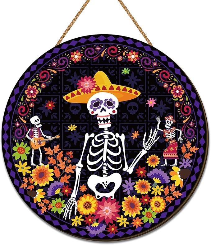 Day of The Dead Decorations Dia De Los Muertos Wooden Door Sign Mexican Sugar Skull Marigolds Floral Decor Day of The Dead Decorations for Home Party - sugar skull wreath for front door