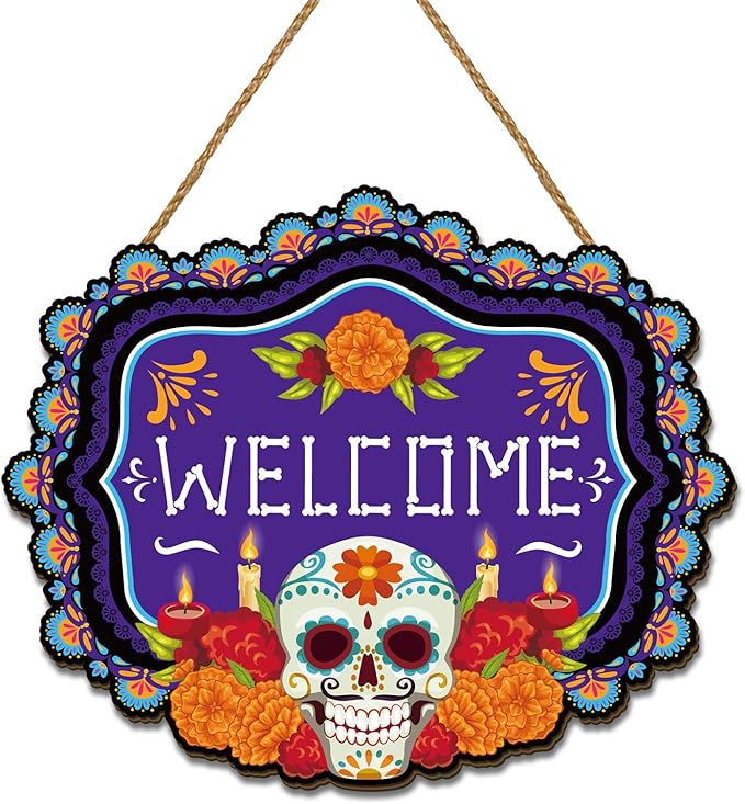 Day of The Dead Decorations Dia De Los Muertos Wooden Door Sign Mexican Sugar Skull Marigolds Floral Decor Day of The Dead Decorations for Home Party - sugar skull wreath for front door