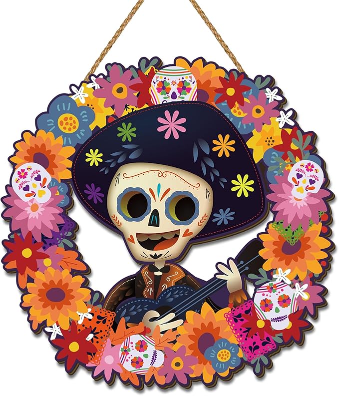 Day of The Dead Decorations Dia De Los Muertos Wooden Door Sign Mexican Sugar Skull Marigolds Floral Decor Day of The Dead Decorations for Home Party - sugar skull wreath for front door