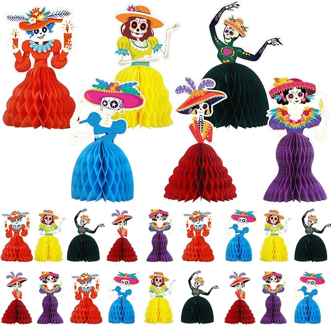 Eersida 24 Pcs Day of the Dead Decorations Dia De Los Muertos Honeycomb Catrina Skeleton Day of the Dead Honeycomb Centerpieces Sugar Skull Table Decors for Halloween Mexican Holiday Party Supplies - sugar skull figurine collectible