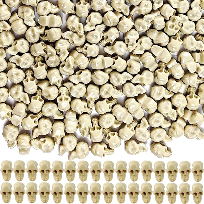 RONYOUNG 120PCS Mini Plastic Skull Heads, Miniature Skulls for Halloween Vase Filler, Halloween Skeleton Figurines for Halloween Pranks Halloween Bar Home Table Decoration, Beige - sugar skull figurine collectible