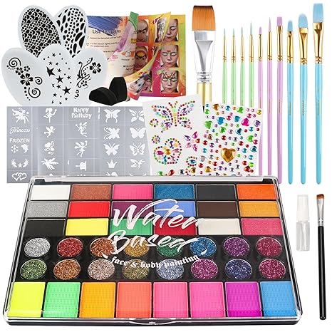Pintada 42 Color Face Painting Kit for Kids - Non Toxic Water Activated Face Paint Palette With Stencils, Brush, Gems. For Carnival, Halloween, Costume Makeup and Any Creative Activity with Kids - sugar skull makeup kit