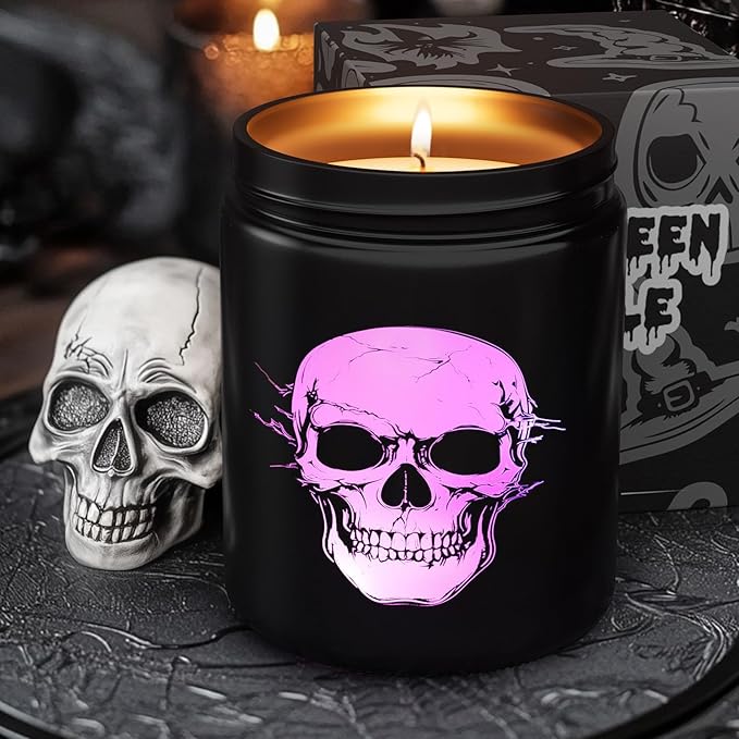 Halloween Decor Indoor-Halloween Gifts Candles with LED Skull Face, Leather Candle for Men Over 40 Hours of Burn Time, Gift for Husband, Friends, Home Decorations Indoor, 100% Soy Wax - sugar skull candle holder