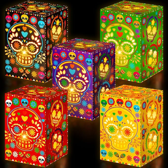 Pasimy 30 Pcs Day of The Dead Decorations Sugar Skull Candle Holder Boxes Decorative Hollowed Paper Boxes Luminary Bags for Halloween Dia De Los Muertos Party Decor Supplies, 5 Styles(Dark,Classic) - sugar skull candle holder