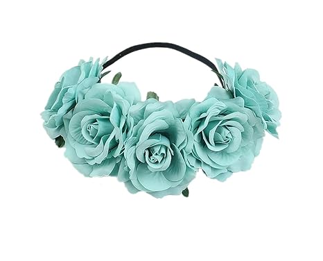 Women's Hawaiian Rose Flower Stretch Headband Artificial Flower Hairband Floral Crown Headpiece (Aqua Blue, Free) - sugar skull flower crown