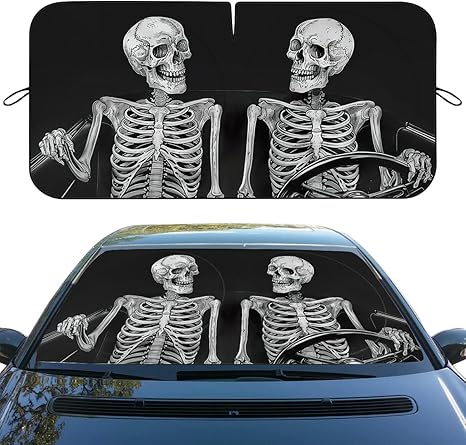 Funny Skull Car Front Window Sun Shield - Black Novelty Skeleton Heatshield Sun Shade Visor Protector for Sedan Truck SUV - 59"L x 31.5"W - sugar skull car sunshade for windshield
